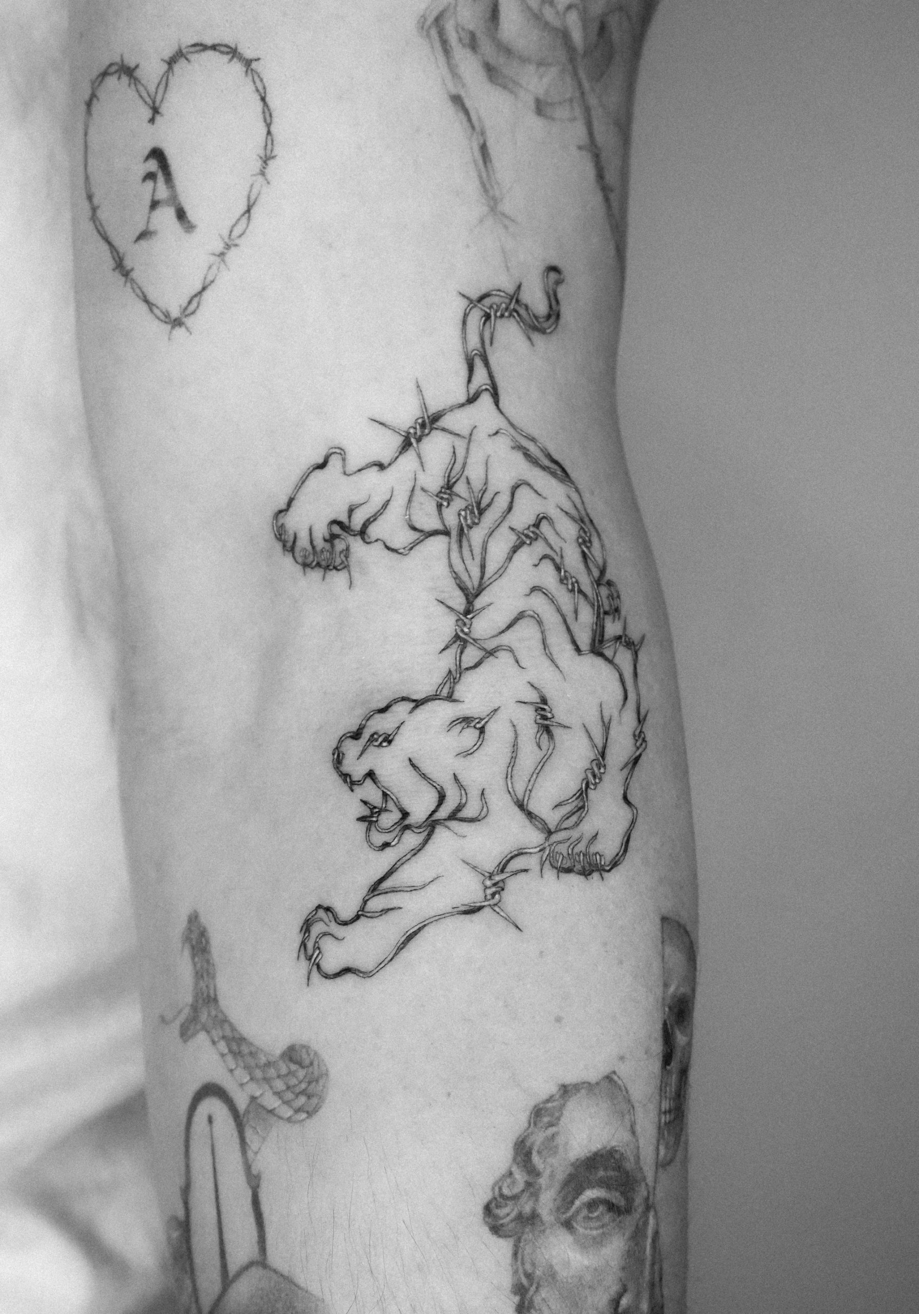 Single Needle Barbed Wire Tiger Tattoo