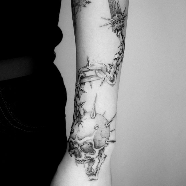 Single needle flail tattoo by Kane Navasard