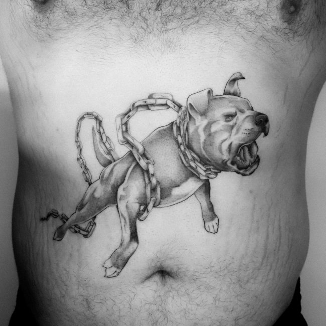 Fine line pitbull tattoo by Kane Navasard done in Whittier